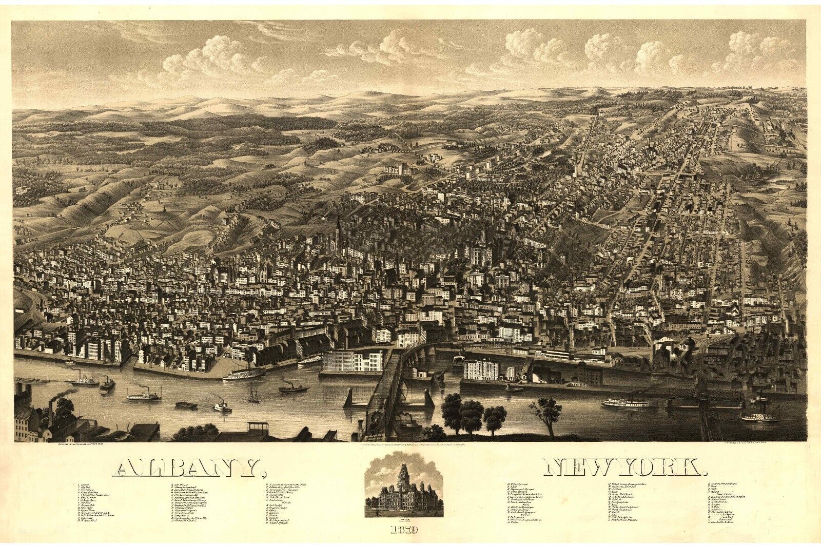 1879 H.H. ROWLEY, BIRD\'S EYE VIEW OF ALBANY, NEW YORK, COPY POSTER MAP