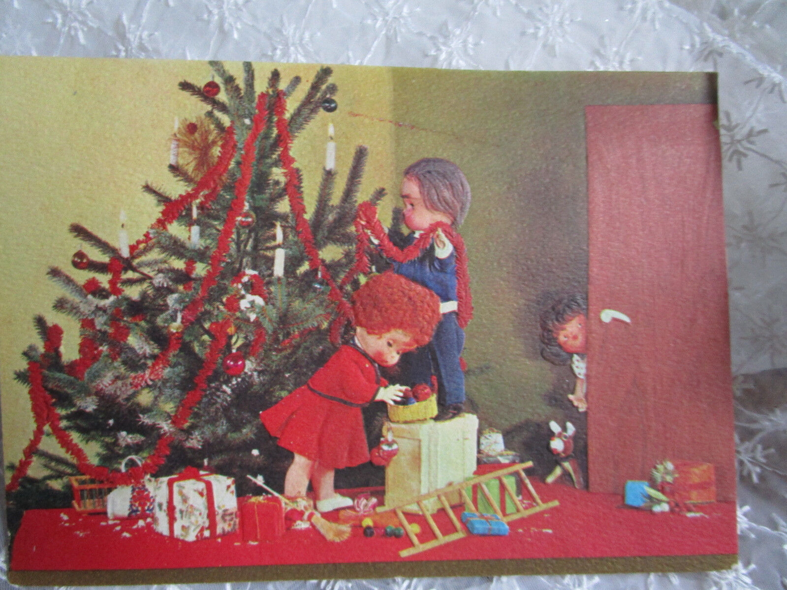 Vtg 1950\'s Kaycrest Cottilion DOLLS Decorating Christmas Tree Card 