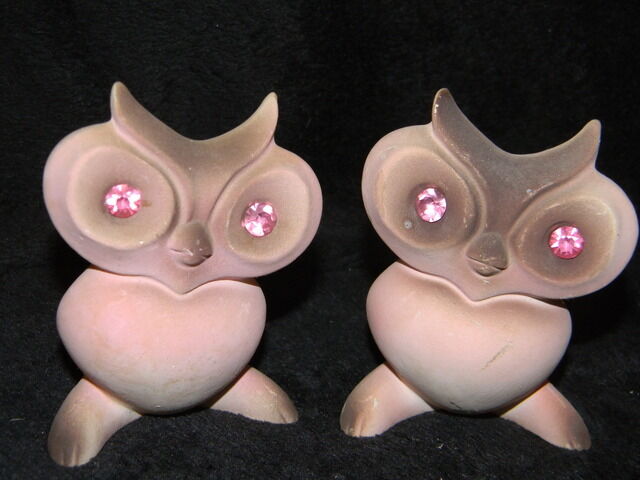 2 Vintage NAPCO Japan Bisque Porcelain Pink Owl Figurines Rhinestone Eyes  