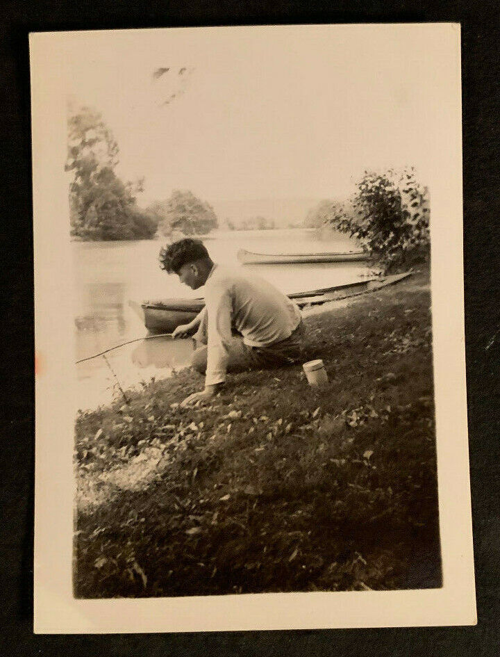 Vintage Old Photo Young Man Fishing or Playing with a Stick by Lake Water #4887