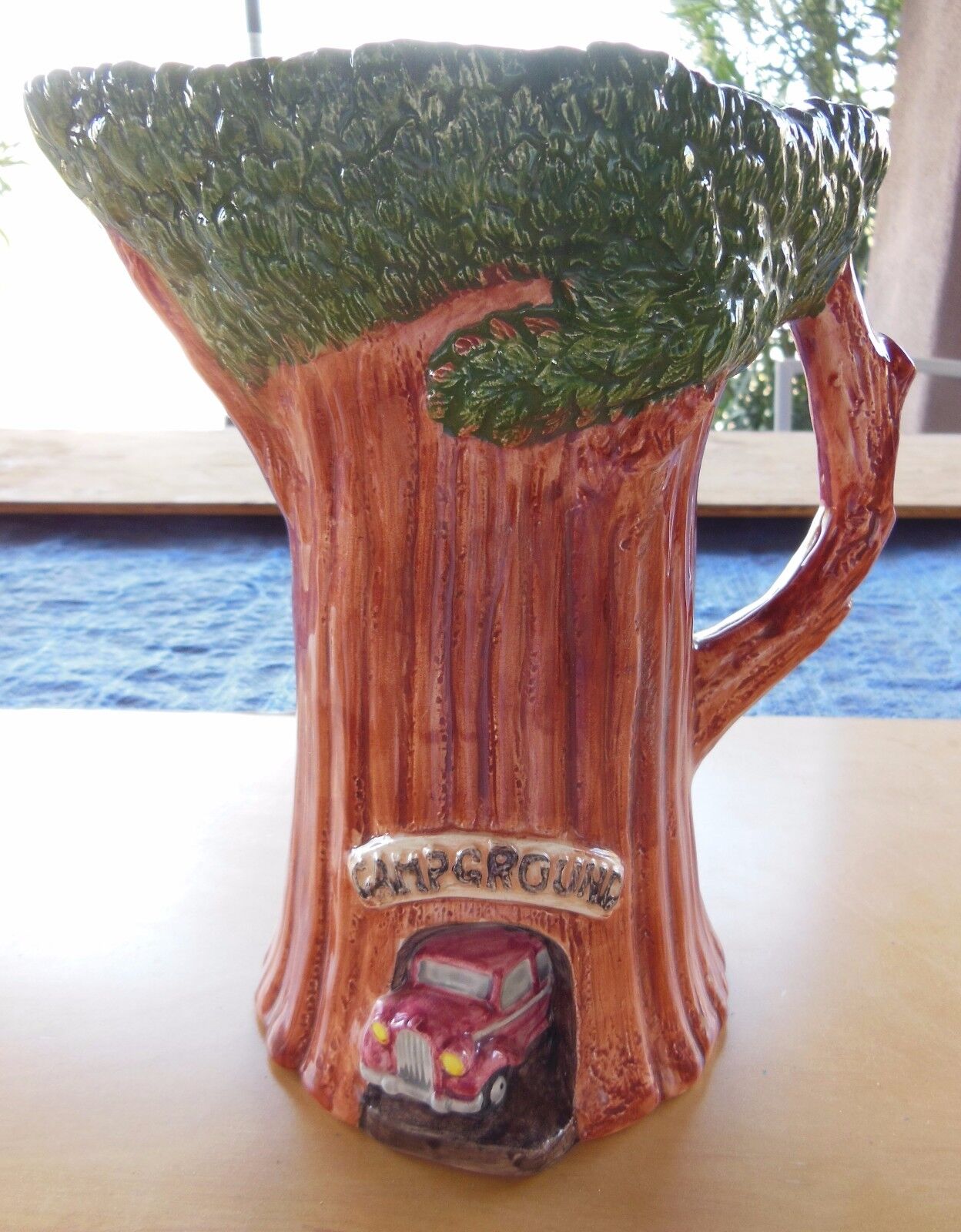 Dept 56 Tree Shaped Pitcher / Vase Campground Sign with Vehicle Emerging - Japan