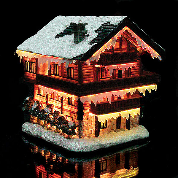 Christmas Snow Village Fiber Optic House - Log Cabin Chalet Inn Collectible 9330