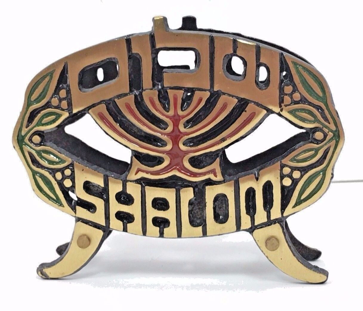 Hebrew Jewish English Shalom Brass Bronze Enamel Menorah Napkin Envelope Holder