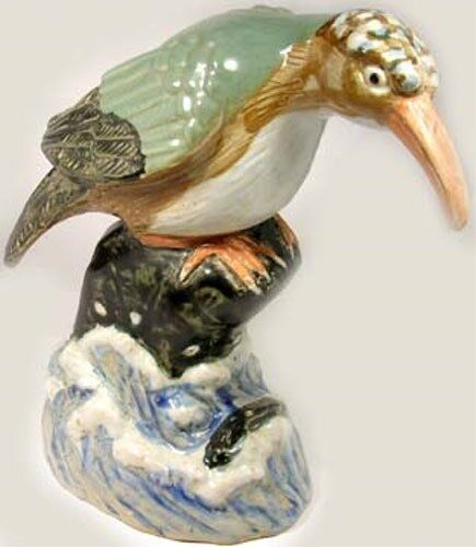 19th-20thC China Porcelain Heron Bird Perched on Rock in Roiling Water Statuette
