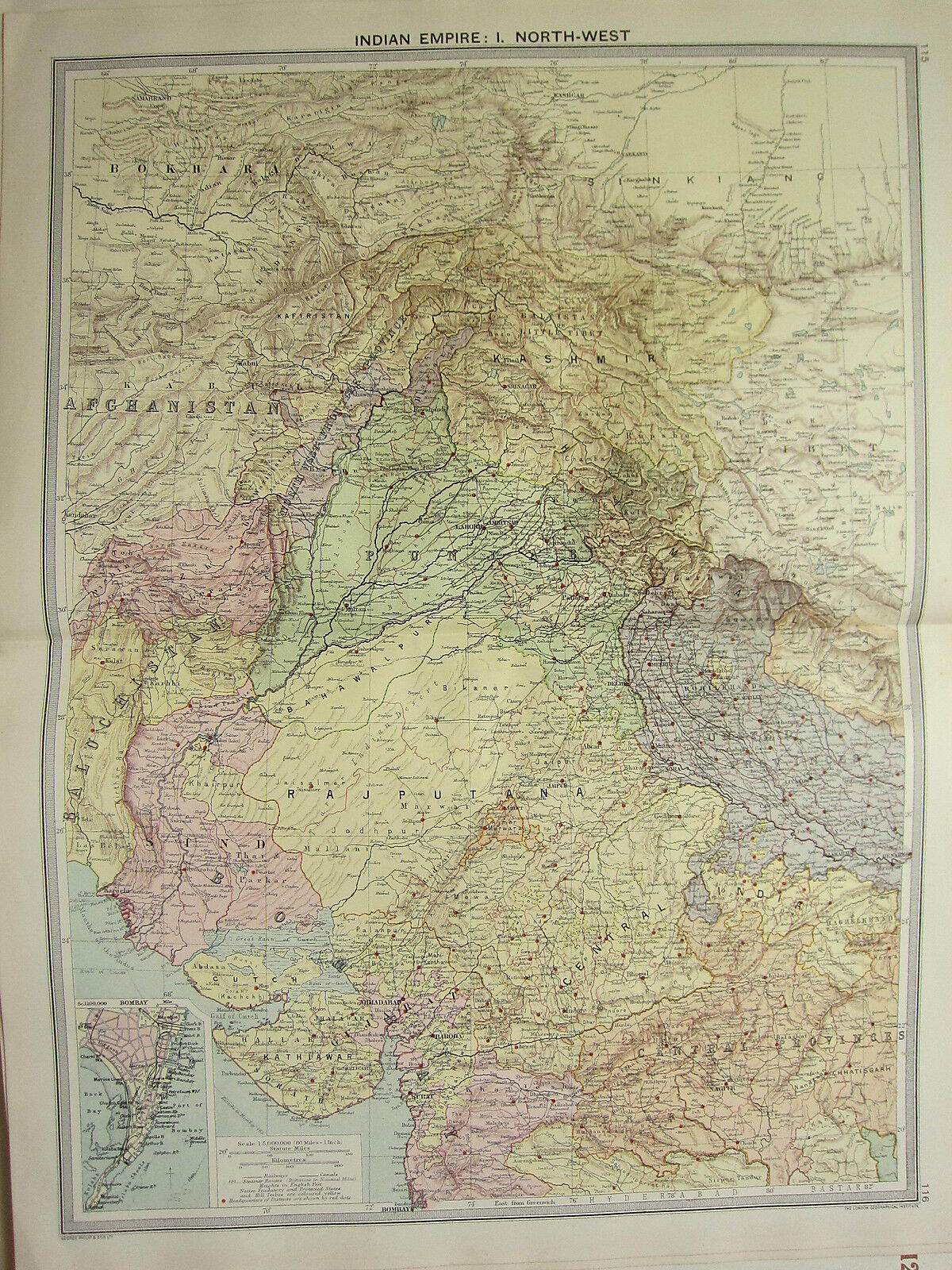 1920 LARGE MAP ~ INDIAN EMPIRE NORTH-WEST AFGHANISTAN BOMBAY PUNJAB HEADQUARTERS