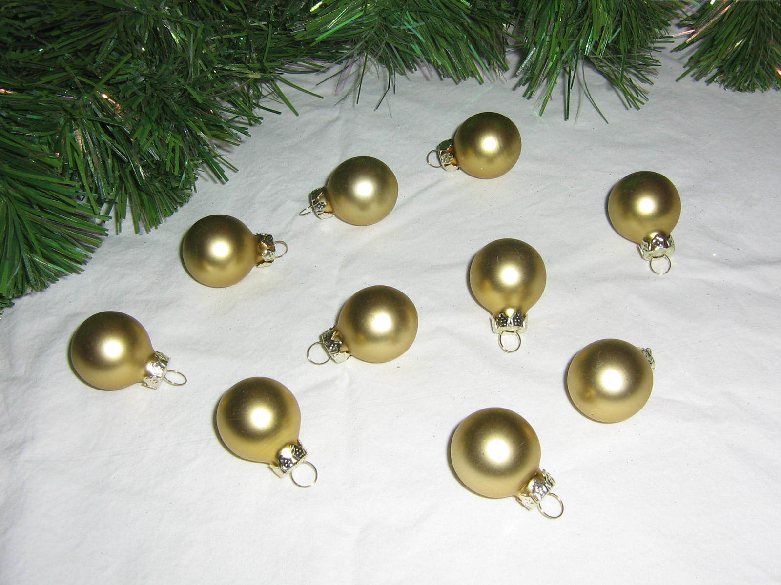 Mini Ornaments Christmas  Glass Balls Gold Satin, Feather Tree Miniature Tree
