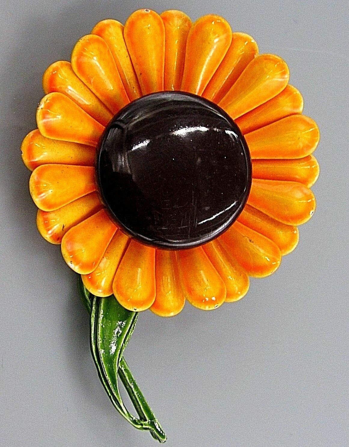 VNTG Art Nouveau Enamel Dark Brown Eye Wild Sunflower Poppy Orange Flower Brooch