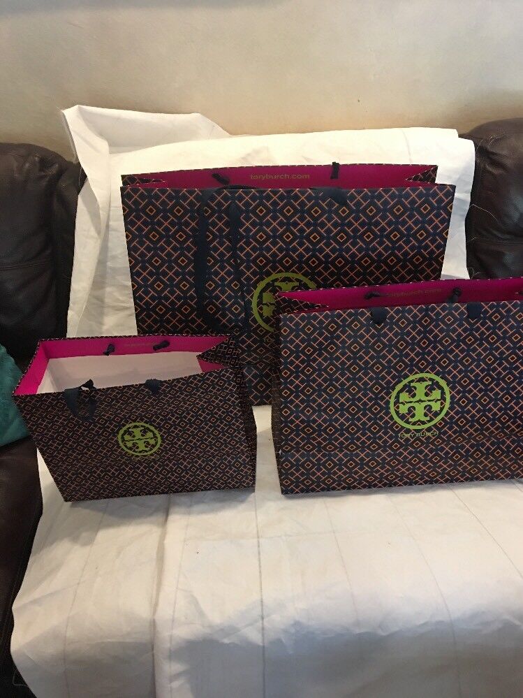 (3) NEW Authentic Tory Burch Logo Empty Shopping Paper Gift Bags Various Sizes