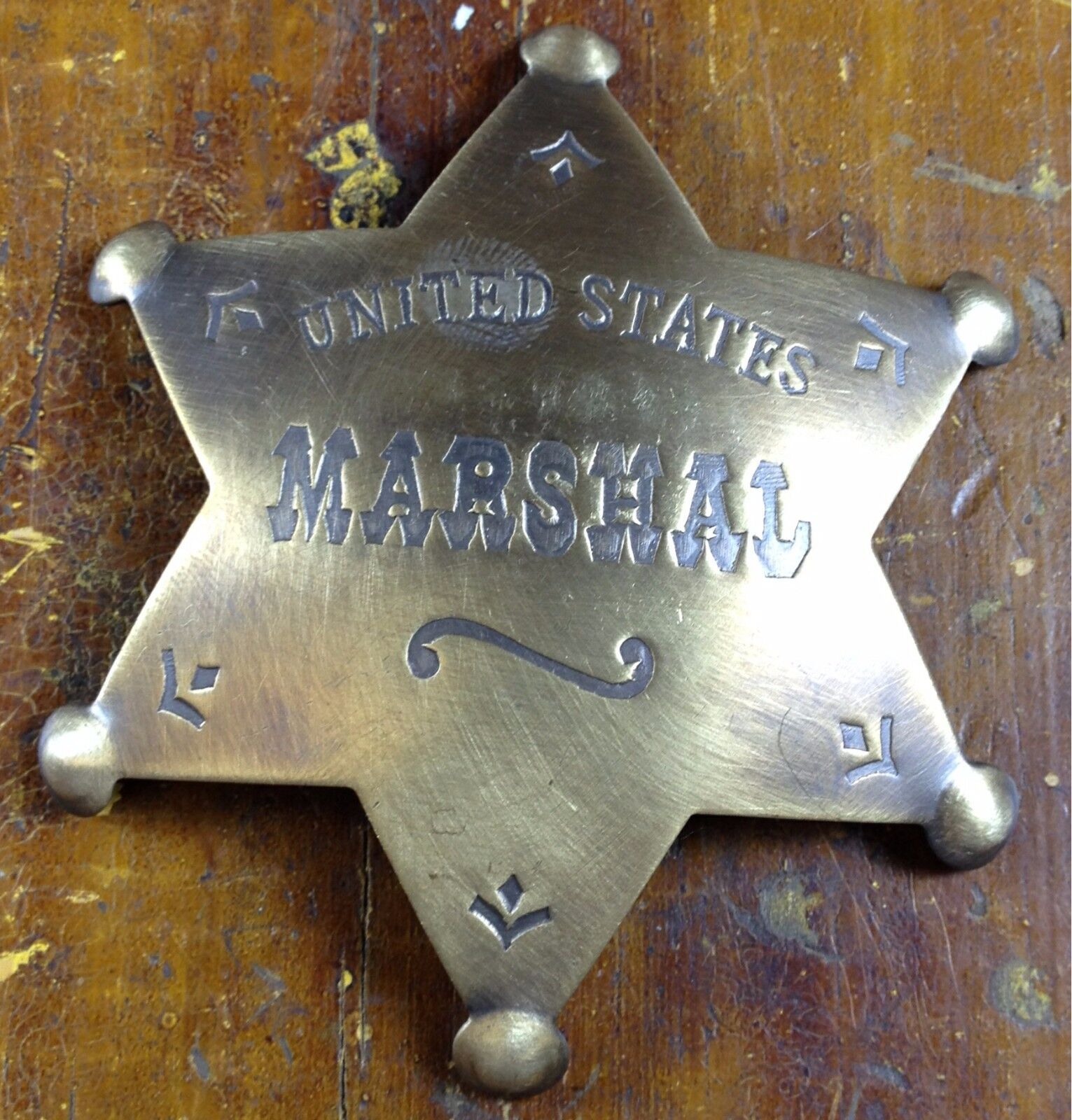 United States Marshal 6 Point Star Shape Antique Brass Pinback Old West Badge