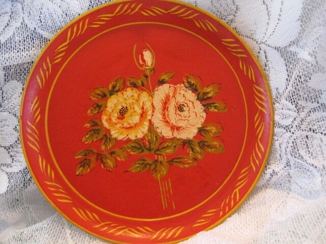 Vintage Red Paper Mache Tole Tray Romantic Pink & Yellow Hand Painted Roses