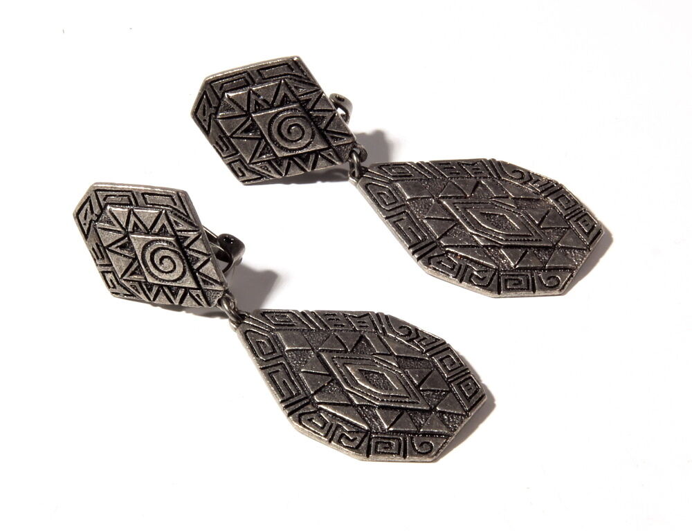 Pair Czech vintage pewter tone metal Egyptian revival geometric design earrings