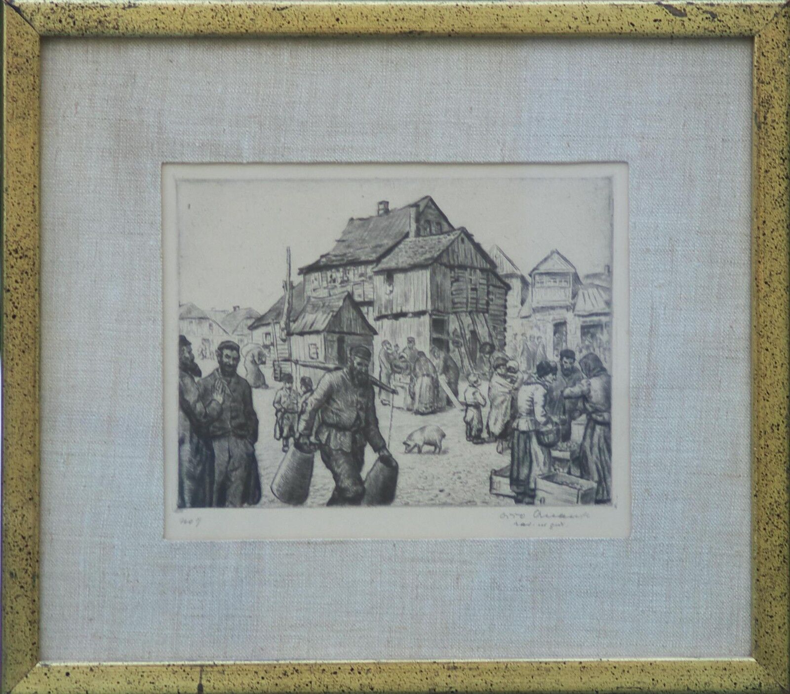 Antique Judaica Pencil Signed Etching (early 20  century) Jewish town Sceane