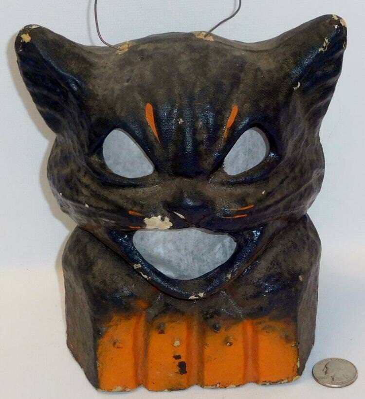 1940\'s Antique Paper Mache Halloween Black Cat On Fence Lantern/Candy ... Lot 22