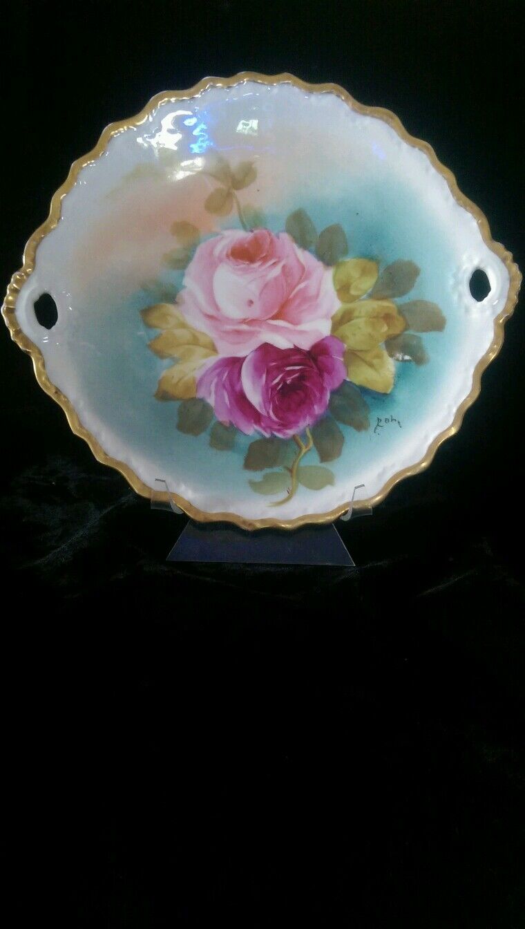 Limoges France Handled Cake Plate with Roses - Artist Signed