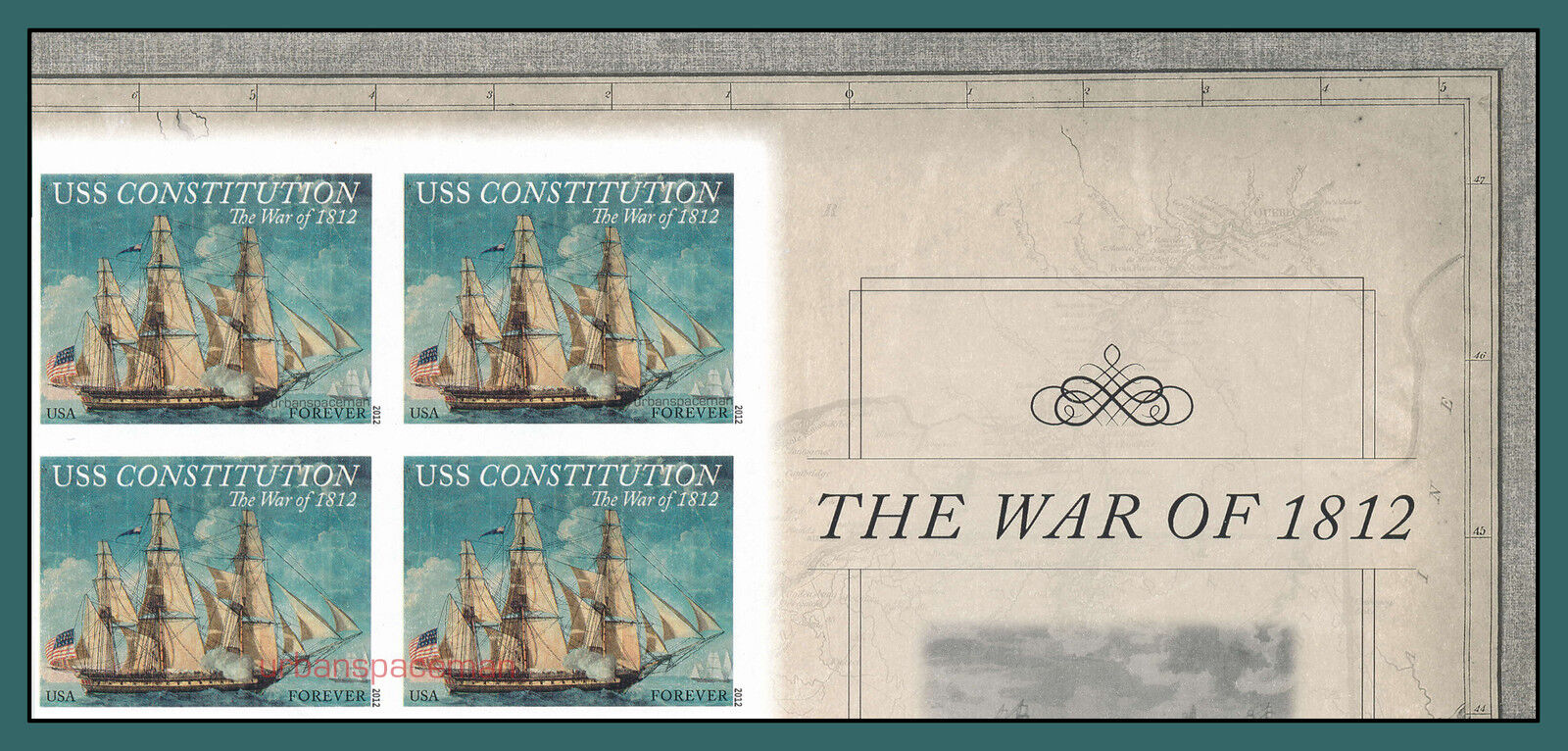 4703a War of 1812 USS Constitution 2012 Imperf Block of Four w/ Name in Selvage
