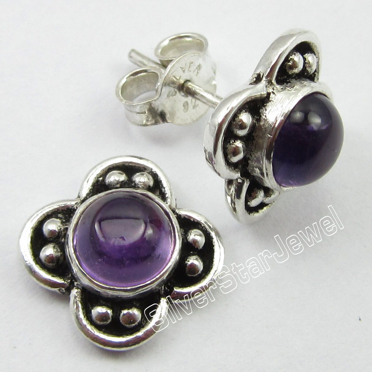 925 Sterling Silver CABOCHON AMETHYST OLD STYLE Stud-Post Earrings 1.0 CM NEW