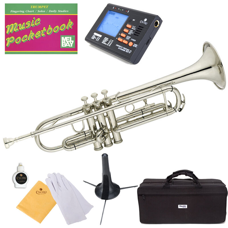 Mendini Bb Trumpet Silver Nickel Plated Student Band +Tuner+Case+CareKit ~MTT-N