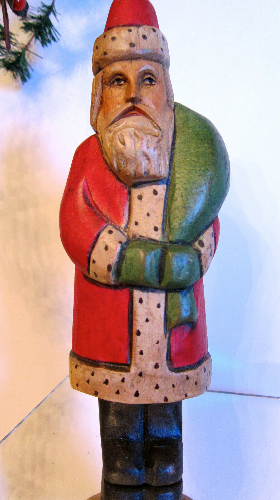 VINTAGE HAND CARVED WOOD SANTA WITH GREEN BAG. Midwest Importers of Cannon Falls