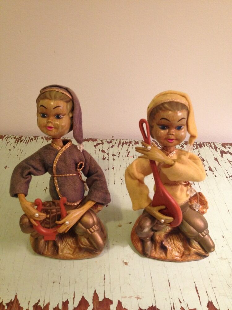 2 Lot VINTAGE MID CENTURY MUSICIAL PIXIE ELF FIGURINE HAND CRAFTED/PAINTED