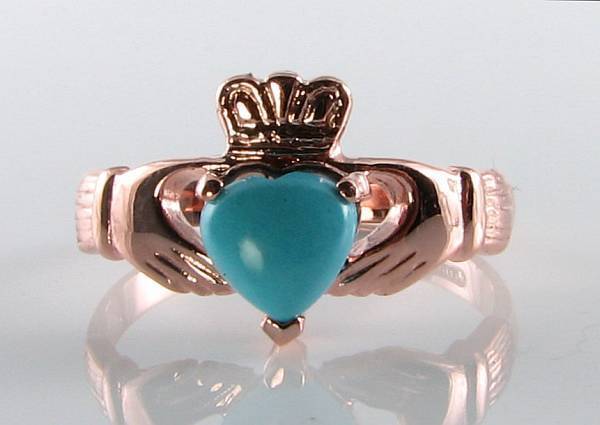 LOVELY 9K 9CT ROSE GOLD CLADDAGH PERSIAN TURQUOISE HEART RING FREE RESIZE