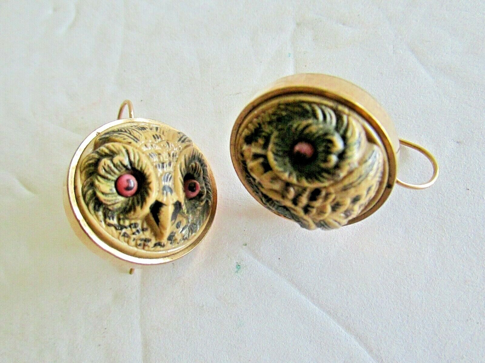 Vtg Large 3 D OWL S Earrings Converted from Victorian Cuff Links Coral Eyes?
