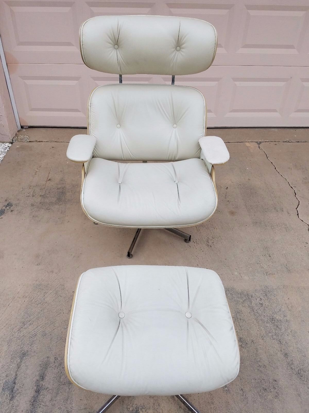 Signed PLYCRAFT White Leather Eames Style Lounge Chair Ottoman RARE Blonde Wood 