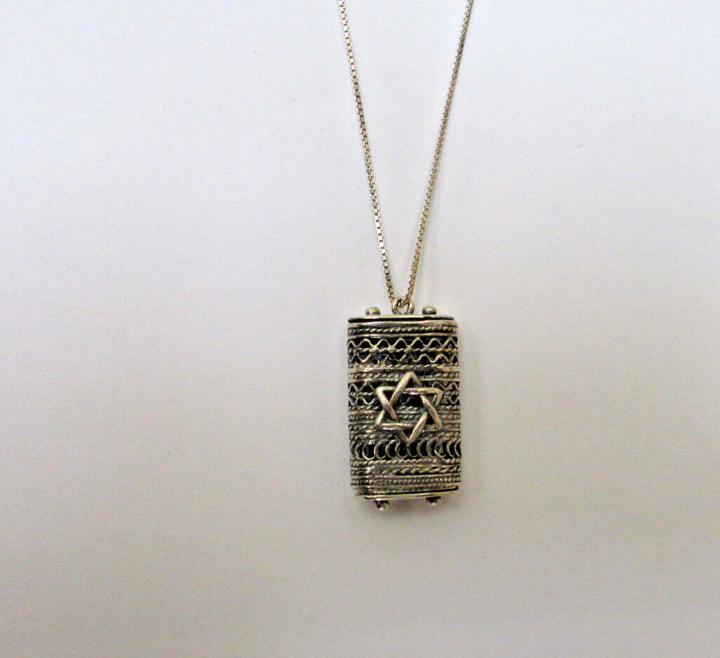 Sterling Silver Filigree Star of David Torah Scroll Necklace 925 Judaica Pendant