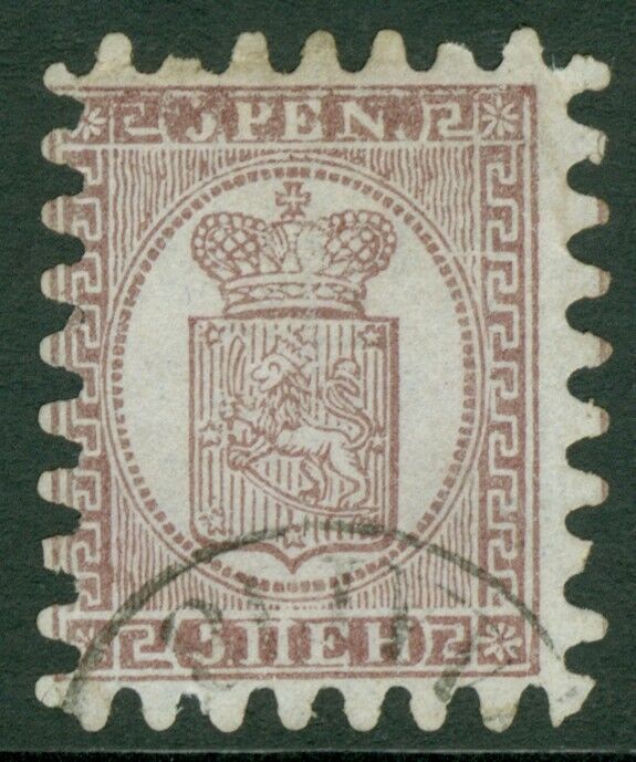 SG 19 Finland 1866 5p brown on grey serpentine roulette. An exceptional used...