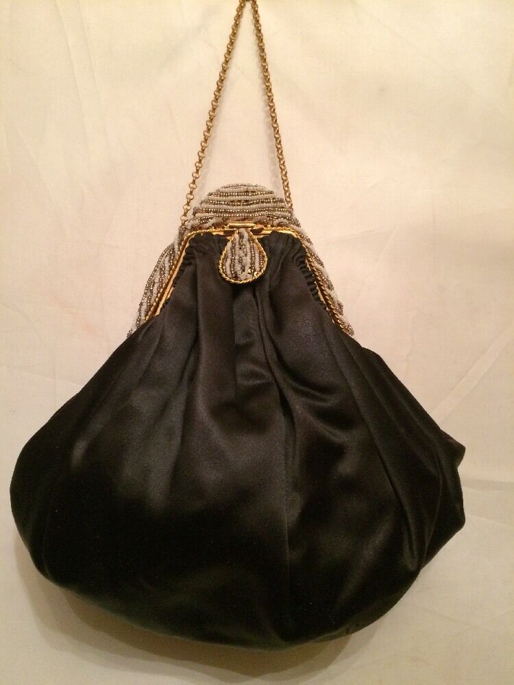 Rare Antique French Black Satin w Beaded Frame Evening UNUSUAL Flapper Purse