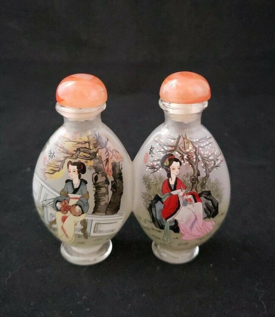 Vintage Double Snuff Bottle Geisha Girls Reverse Painted Glass 