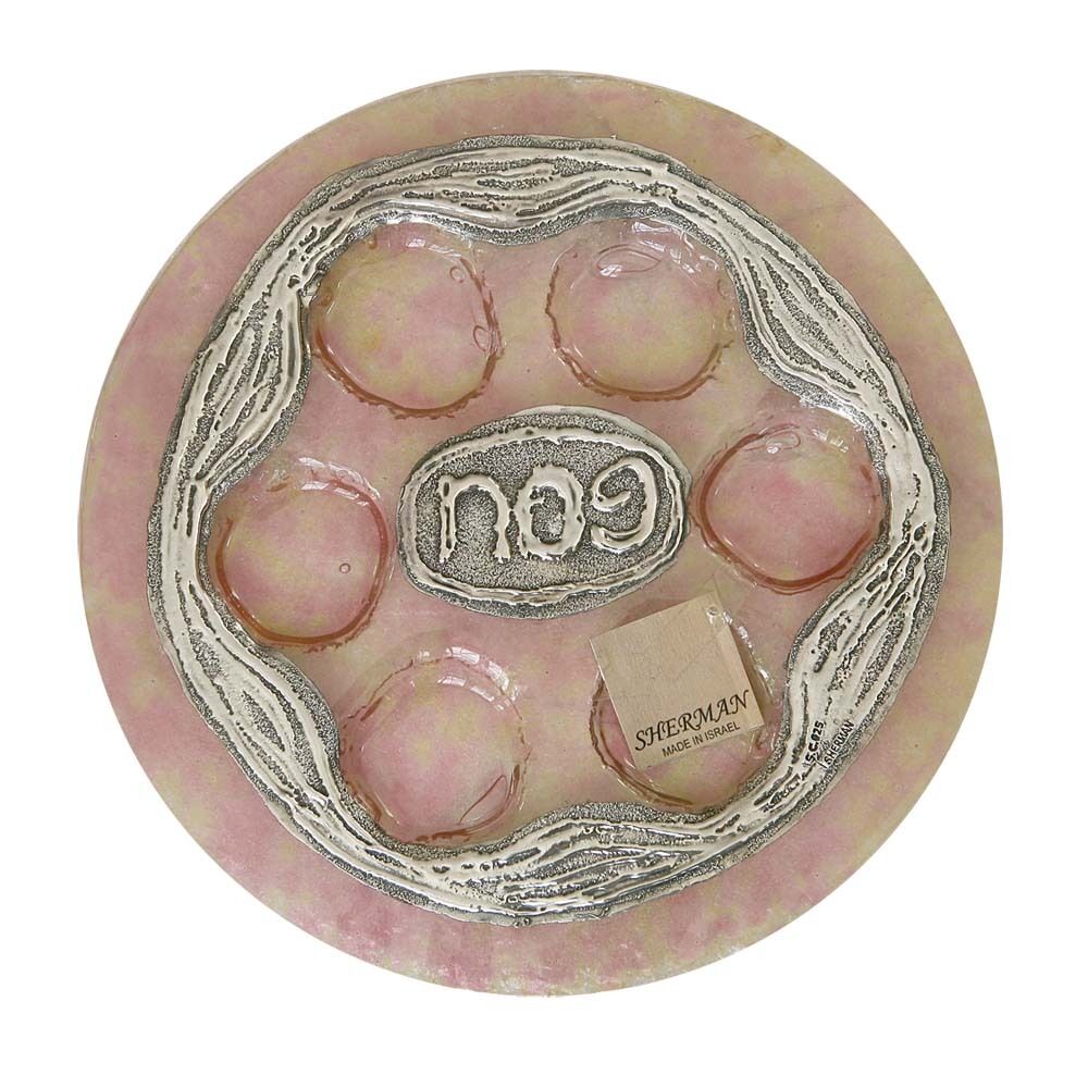 Passover Glass Pink Seder Plate Hand Painted W/ Sterling Silver By Sherman 12\