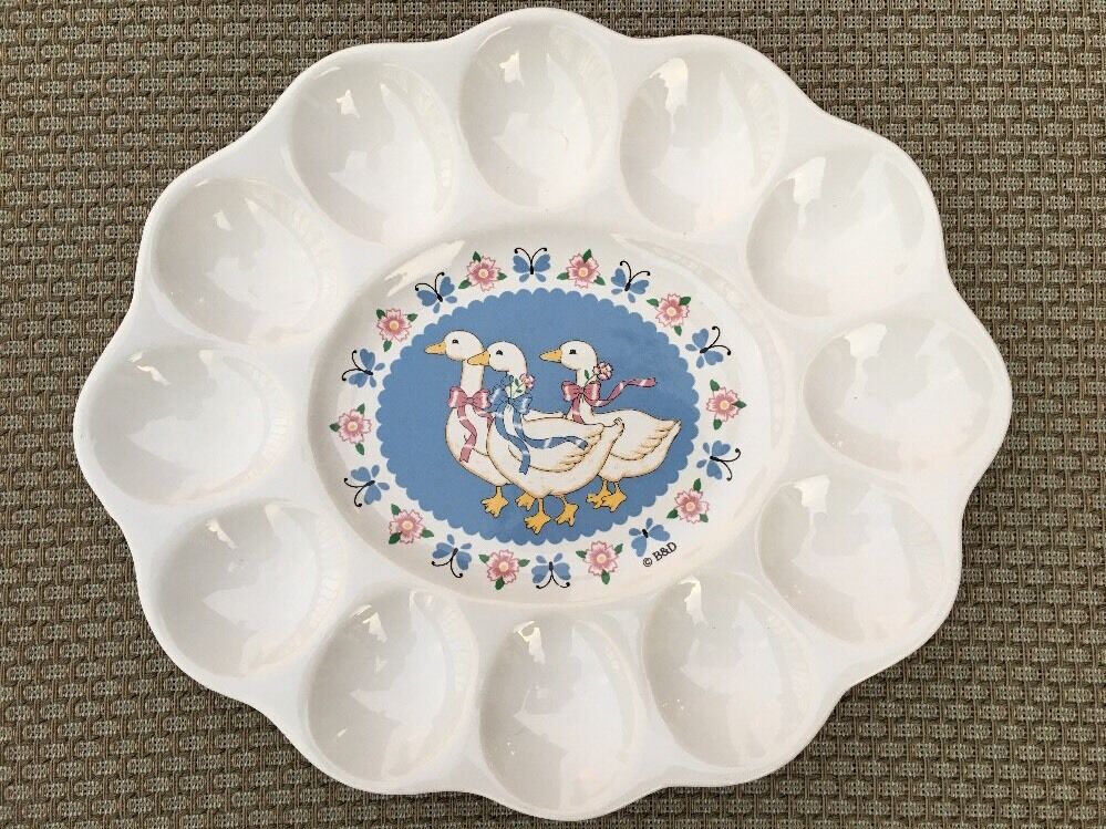 Vintage Treasure Craft Ribbon Geese Deviled Egg Plate Platter Easter Made In USA