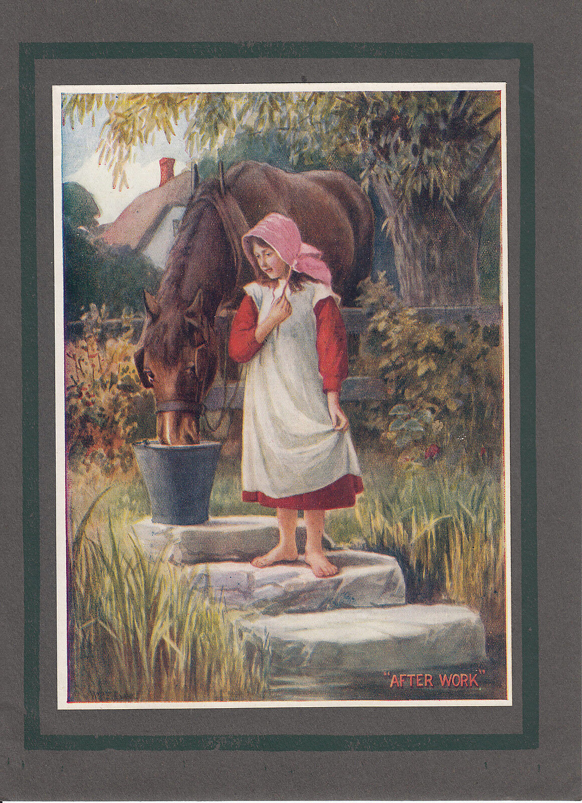 Girl feeding her beloved Draft Horse Animals Antique Color Art Print 1899