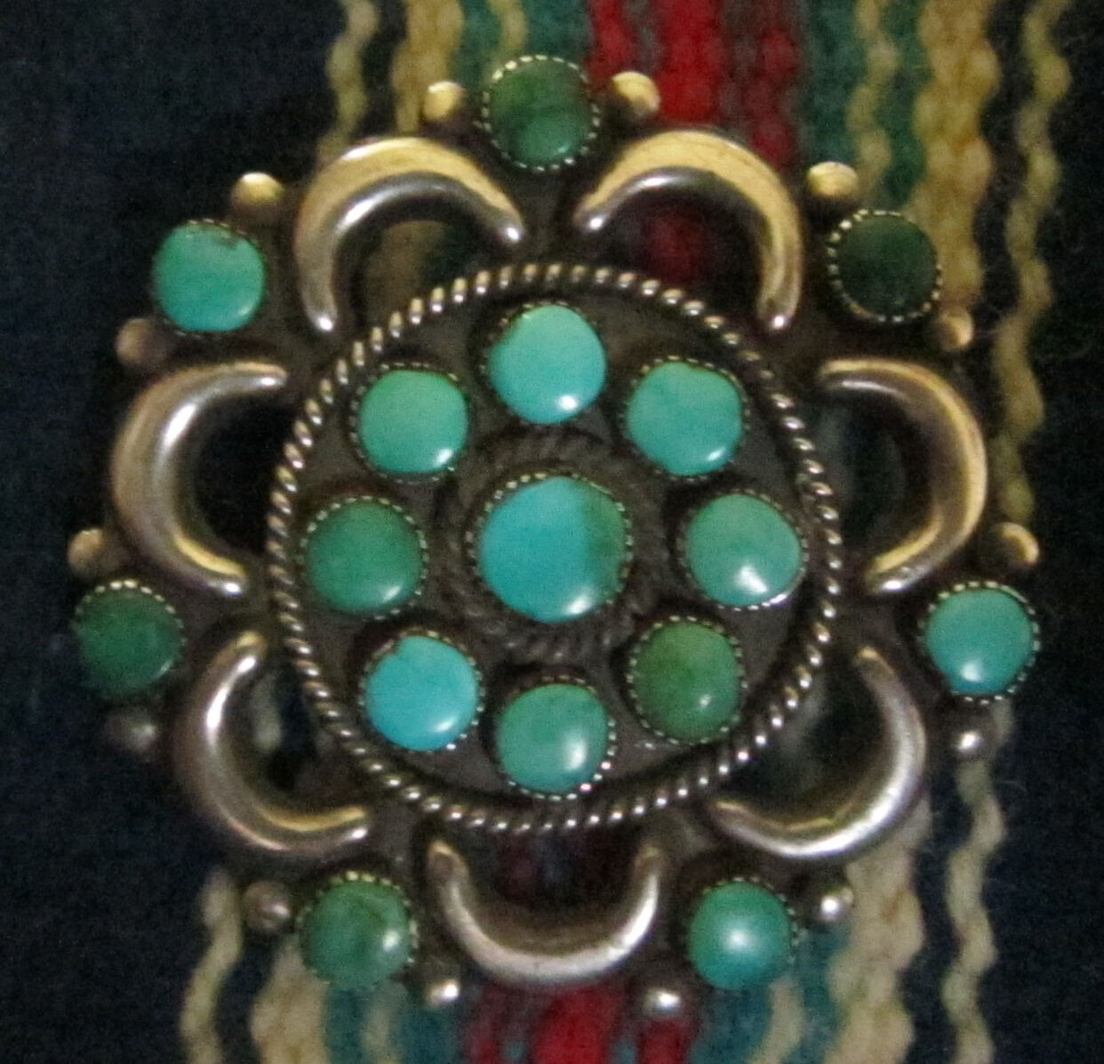 Zuni Pin w Natural Fox Turquoise & Crescent Shaped Silver Decor- Gorgeous 1940s