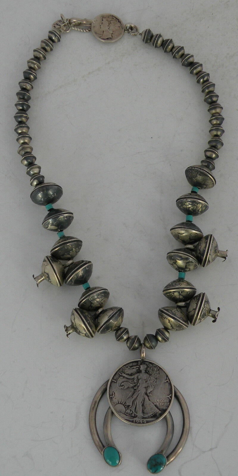 Navajo sterling & Turquoise squash blossom necklace coin beads BETTY YELLOWHORSE