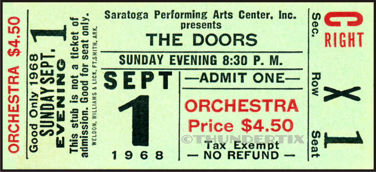 1 1968 THE DOORS UNUSED FULL CONCERT TICKET SARATOGA NEW YORK laminated reprint