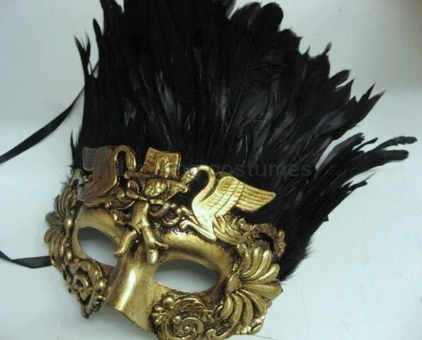 Venetian Antique Silver Gold Half Mask Mardi Gras Feathers Angel Cherub Roman