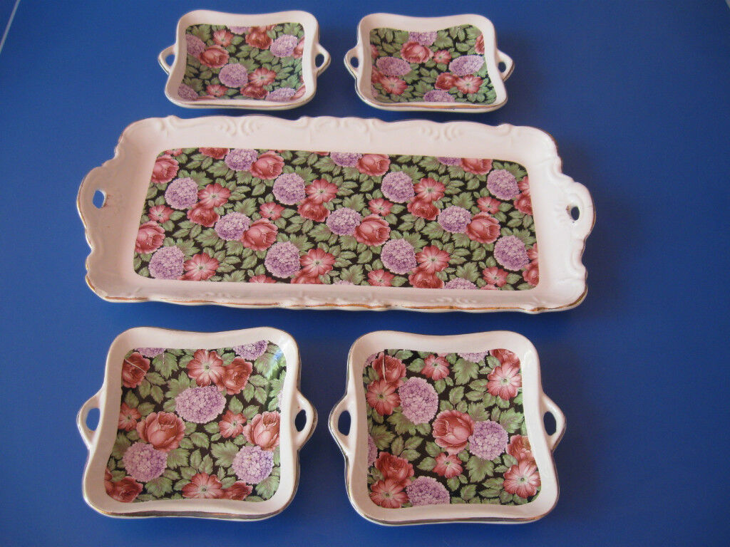 Vintage 50\'s Israel Kadar Pottery Tray & Dishes Serving Set Unique Design Floral