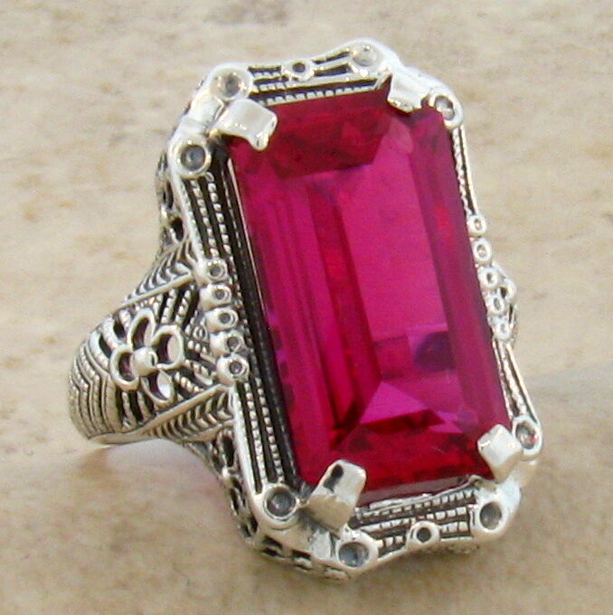 10 Ct RUBY ANTIQUE ART DECO DESIGN 925 STERLING SILVER RING SIZE 10,     #145