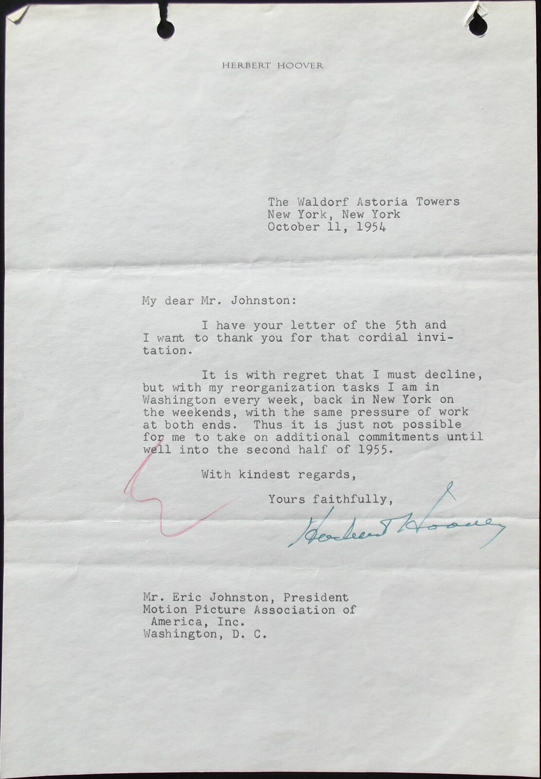 President Herbert Hoover 31st President 1929 1933 [TLS] Typed Letter Signed 