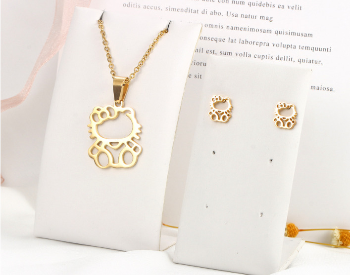 Gold Hello kitty Cat Kitten Titanium Jewelry Set: Necklace & Earrings
