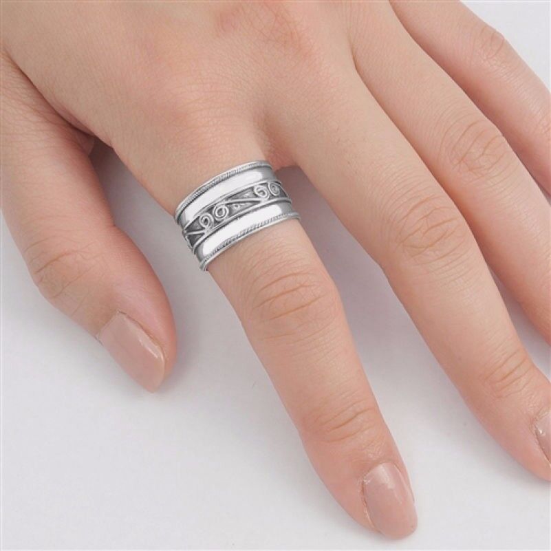 Bali Design Rings Sterling Silver 925 Tribal Wide Band Jewelry Size Selectable