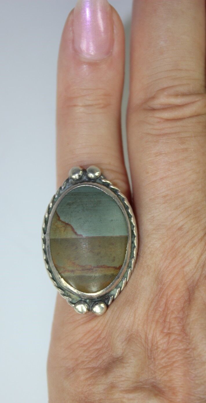 Vintage Native American Old Pawn Sterling Silver Ladies Ring Picture Jasper SW 