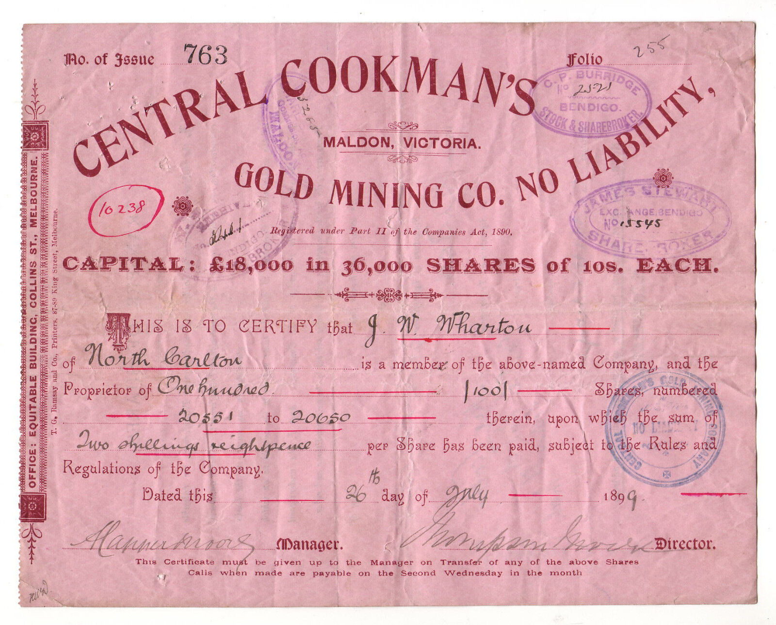 Share Scrip - Mining. 1899 Central Cookman\'s Gold Mining Co - Maldon Vic