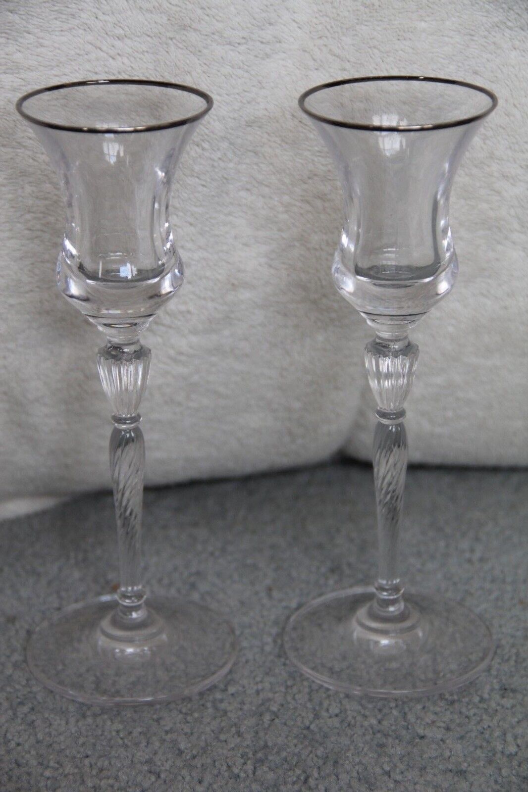 2 Royal Doulton Crystal Platinum Oxford Pattern Candle Holders 7 3/8\