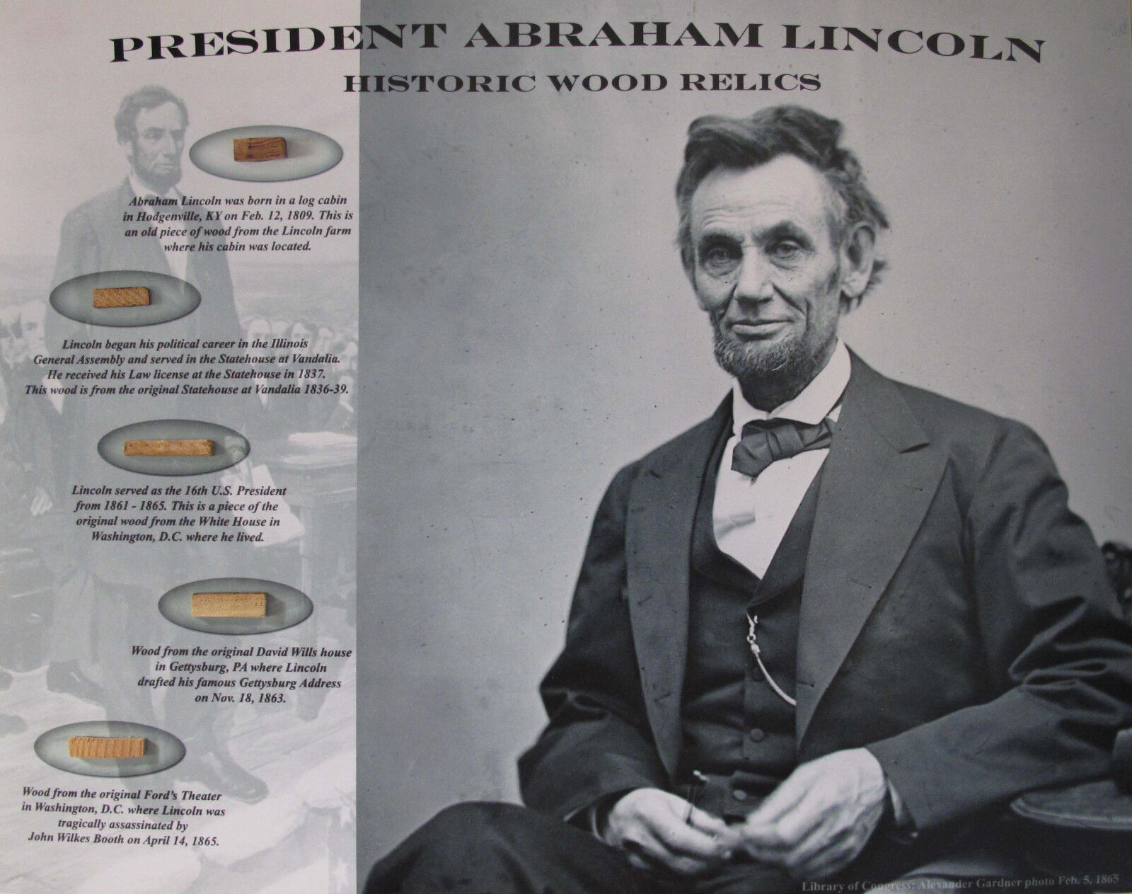 ABRAHAM LINCOLN * 5 Historic Wood Relics * Gettysburg White House Ford\'s Theater
