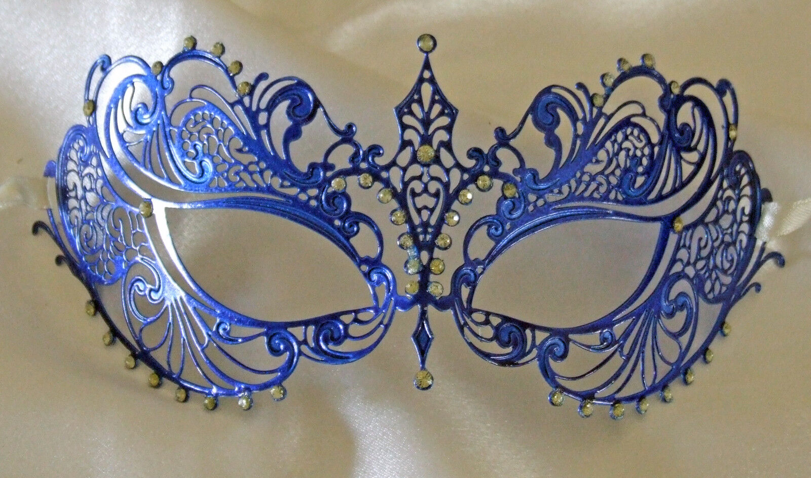 Venetian Eye Mask Blue Metal & Crystals Mardi Gras Halloween Prom Costume Party
