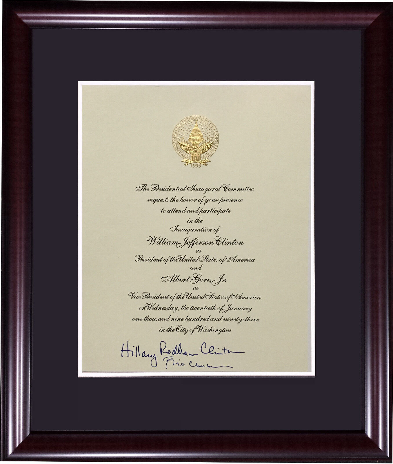 Hillary Bill Clinton signed 1993 President inauguration invitation auto psa coa