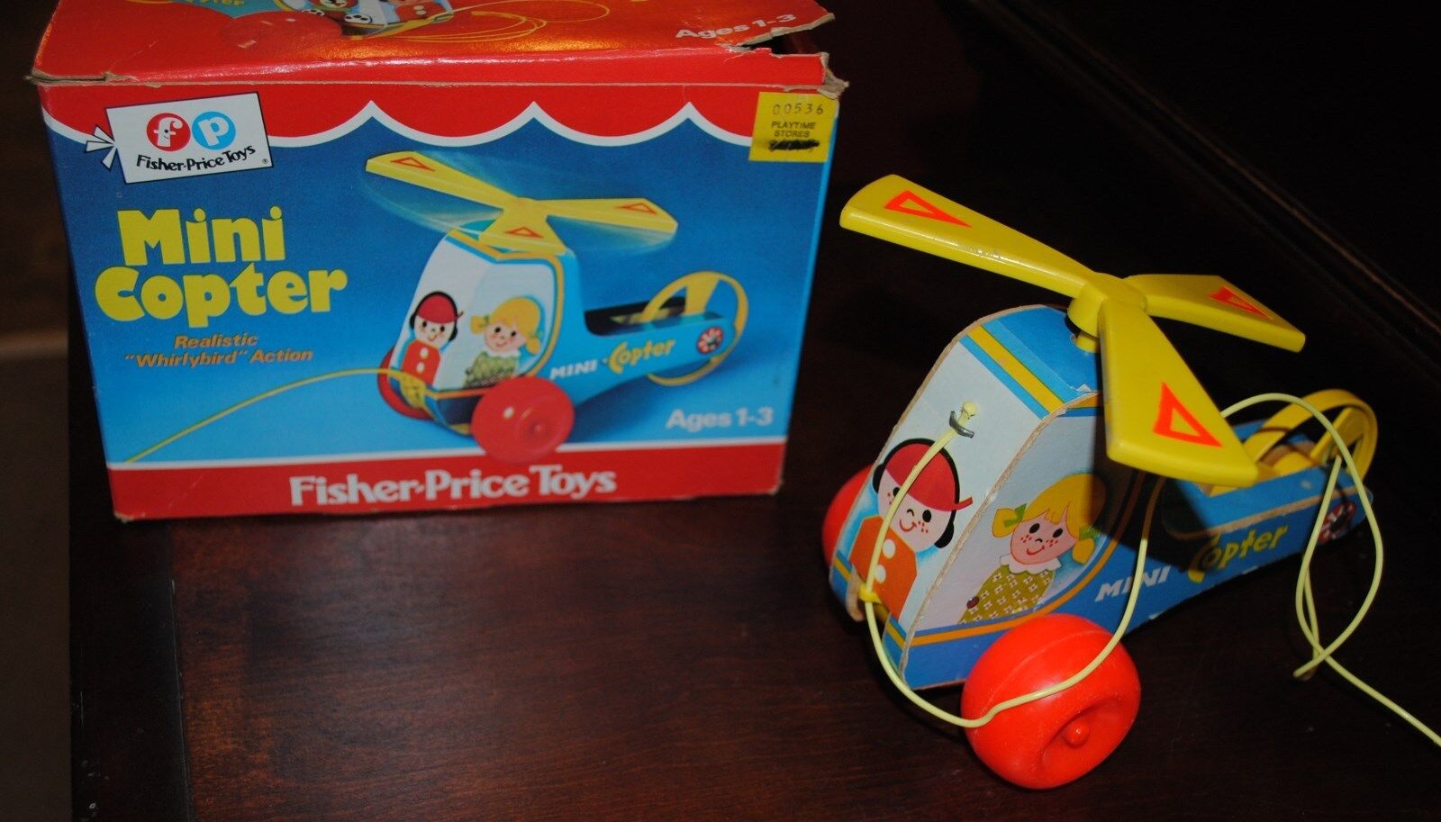 FISHER PRICE 448 MINI COPTER 1970 USED BUT IN RIGINAL BOX PULL TOY \