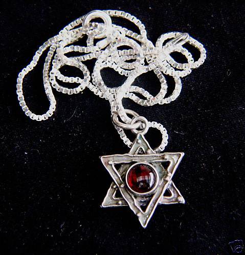 silver sterling Jewish star of David Red stone Charm